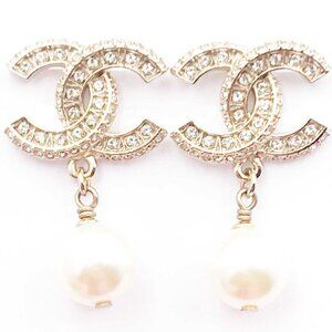 Chanel Classic Gold CC Crystal Block Pearl Piercing Earrings